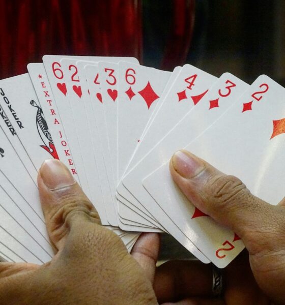 A hand holding a deck of cards Description automatically generated